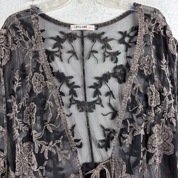 Origami Vivien Kimono Womens OS Embroidered Lace Sheer Boho Gypsy Leather Fringe - Picture 7 of 16